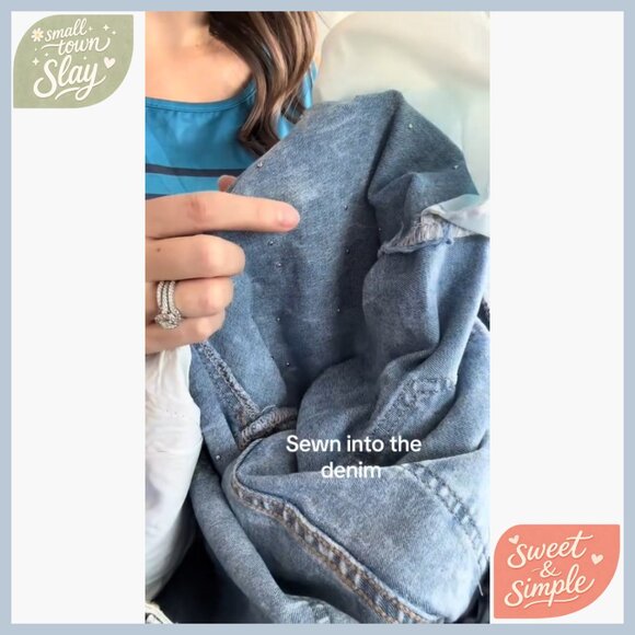 High Waisted Wide Leg Jeans Pearls Beaded Casual Denim Pants Regular Fit - Picture 7 of 7